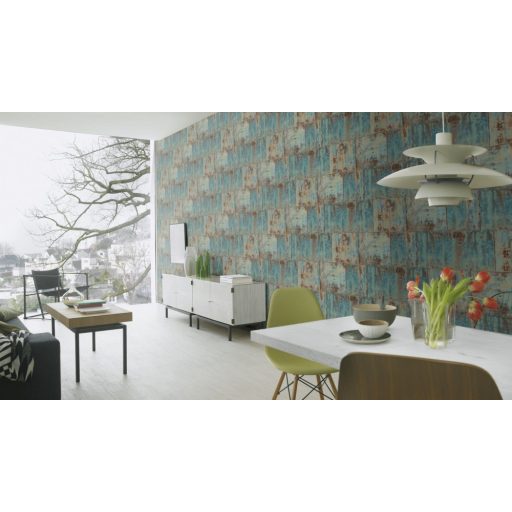 Rasch Factory III, 939712  Vintage patinás acéllemez kék türkiz bézs barna tapéta