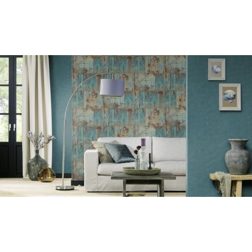 Rasch Factory III, 939712  Vintage patinás acéllemez kék türkiz bézs barna tapéta