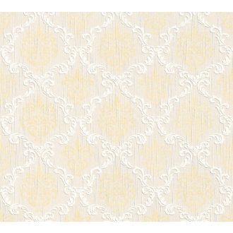   Kifinomult barokk díszítóminta textil háttéren krém fehér és aranysárga tónus fémes hatás tapéta