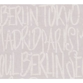   Folyamatosan változó városnevek beton háttéren pasztell lila és krémfehér/szürkésfehér tónus tapéta