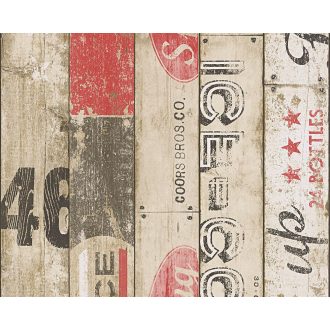 Gyerekszobai szines deszkapalánk feliratokkal bézs barna piros fekete tapéta