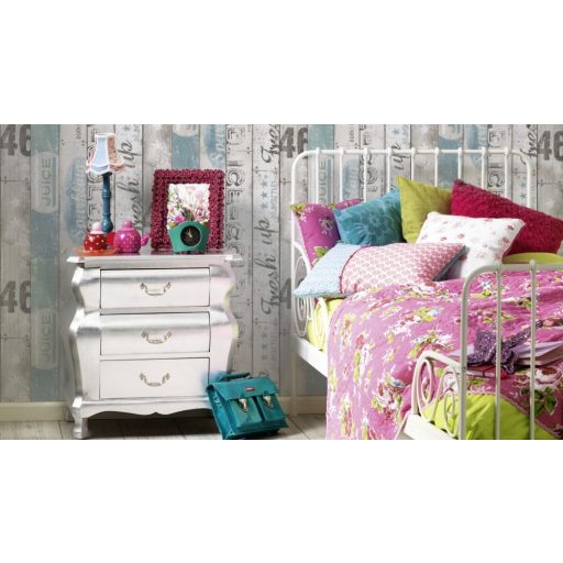  Gyerekszobai deszkapalánk szines feliratokkal bézs szürke kék türkiz tapéta