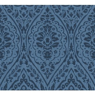   Nagyformátumú exkluzív barokk díszítőminta csillogó textil részletekkel világoskék kék és antracit tónus fémes fény tapéta