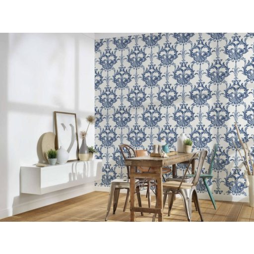 Textil háttér és a finoman kidolgozott textura bravúros összjátéka - barokk díszítés fehér és kék tónus finom fény tapéta