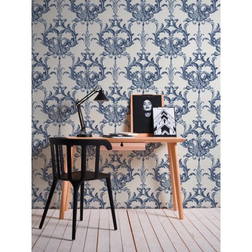 Textil háttér és a finoman kidolgozott textura bravúros összjátéka - barokk díszítés fehér és kék tónus finom fény tapéta