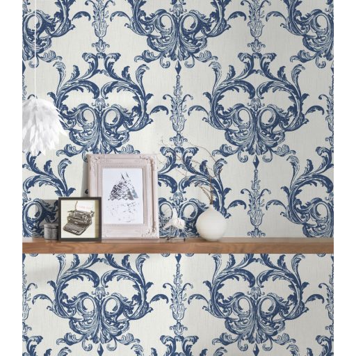 Textil háttér és a finoman kidolgozott textura bravúros összjátéka - barokk díszítés fehér és kék tónus finom fény tapéta