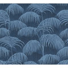   A természetesség csúcspontja - filigrán trópusi levelek textil háttéren kék világoskék és sötétkék/antracit tónus fémes fény tapéta