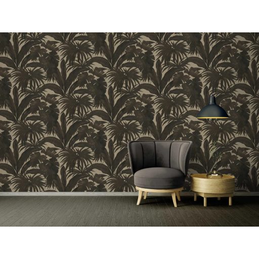 Buja tropusi lombozat - pálma és banánlevelek naturalisztikus rajzolata sötétzöld/olívzöld barna krém és bézs tónus tapéta