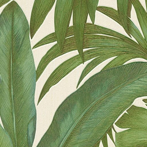 Pompázatos botanikai káprázat akár egy oázis pálmalavelei krémfehér erdőzöld arany és bronz tónus tapéta