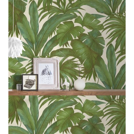 Pompázatos botanikai káprázat akár egy oázis pálmalavelei krémfehér erdőzöld arany és bronz tónus tapéta