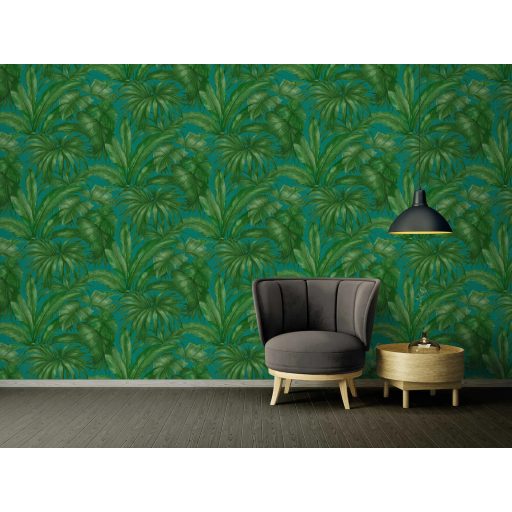 Lebilincselő trópusi paradicsom elegáns és modern felfogásban türkizkék és smaragdzöld tónus tapéta