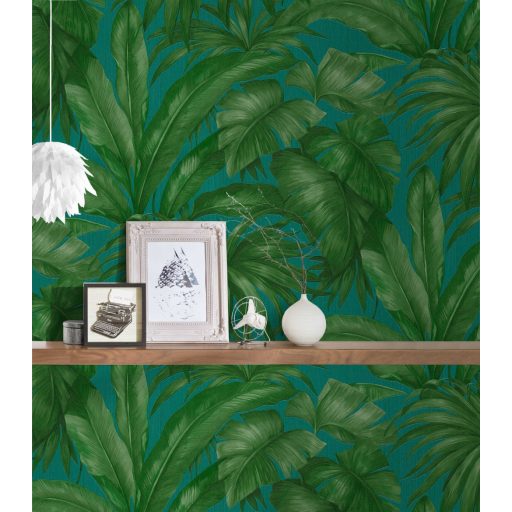 Lebilincselő trópusi paradicsom elegáns és modern felfogásban türkizkék és smaragdzöld tónus tapéta