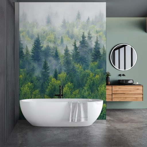 Ködbe burkolózó végtelen zöldellő fenyves panorámája élénk zöld zöldeskék és fehér/törtfehér tónus falpanel