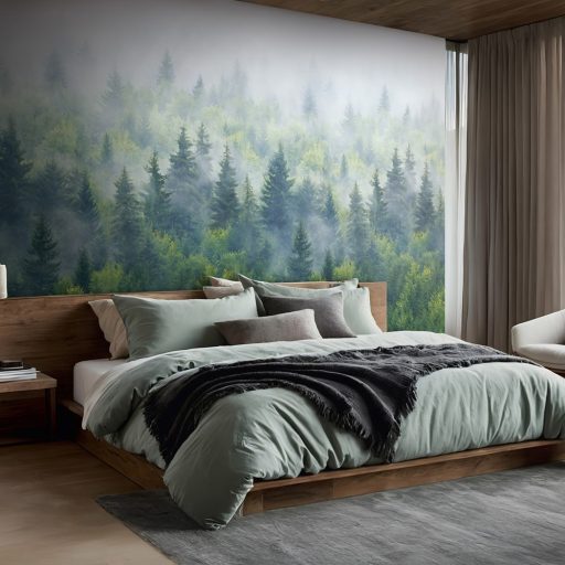 Ködbe burkolózó végtelen zöldellő fenyves panorámája élénk zöld zöldeskék és fehér/törtfehér tónus falpanel