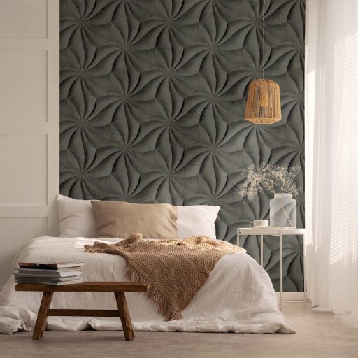 A térérzékelés határait feszegető 3D spirál alakú elemek panorámája sötétszürke/antracit és rozsdás arany/bronz tónus falpanel