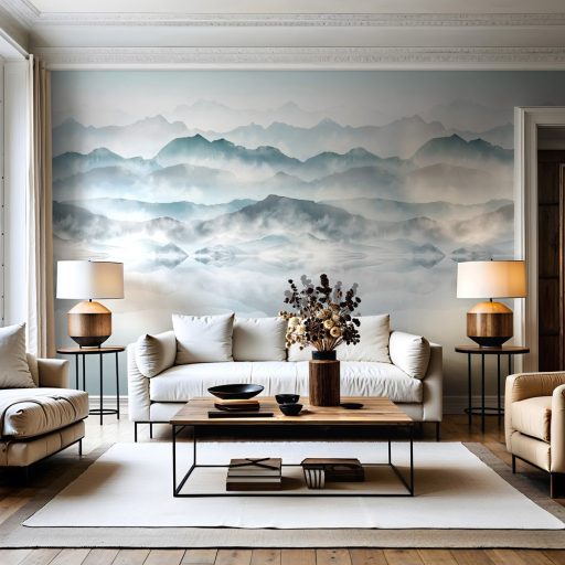 Folyamatosan rétegződő ködbe vesző elképesztő hegyvonulatok panoráma fehér szürkésfehér türkiz és kék/szürkéskék tónus falpanel