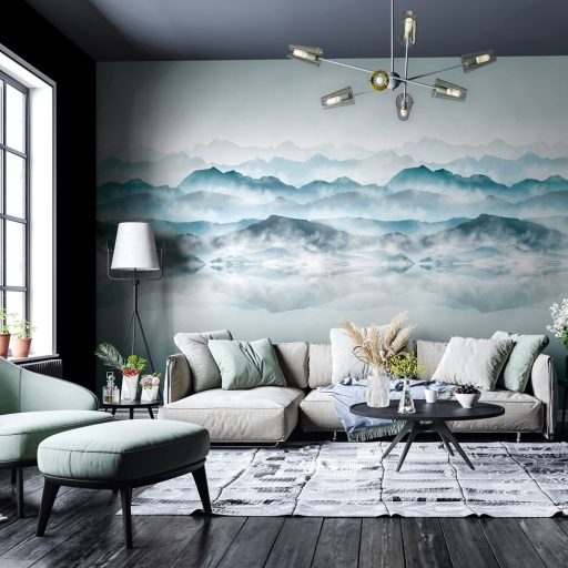 Folyamatosan rétegződő ködbe vesző elképesztő hegyvonulatok panoráma fehér szürkésfehér türkiz és kék/szürkéskék tónus falpanel