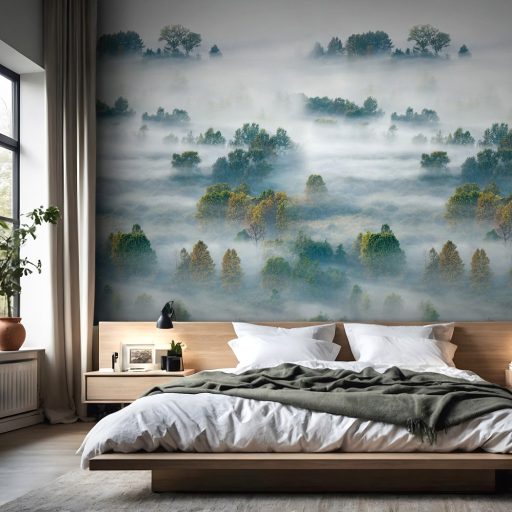 A kora reggeli ködös erdő varázsa - madártavlati természeti panoráma szürkésfehér élénk zöld és sárgásbarna tónus falpanel