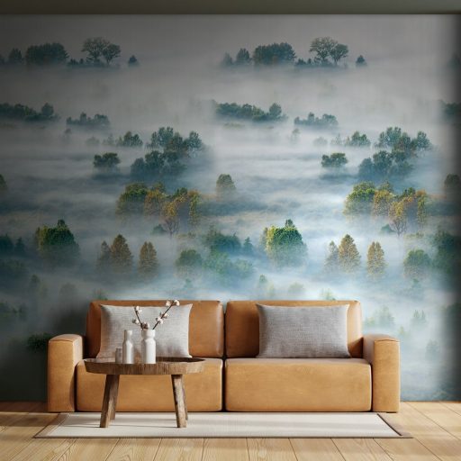 A kora reggeli ködös erdő varázsa - madártavlati természeti panoráma szürkésfehér élénk zöld és sárgásbarna tónus falpanel