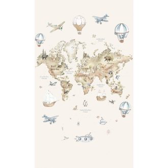   A gyermek első nagy utazása - akvarell világtérkép állatok élőhelyével krémfehér bézs acélkék és lágy terrakotta tónus falpanel