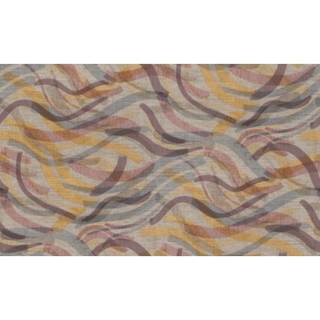 Akvarell hullámos vonalak mintája durván szőtt textil háttéren barna sárga piros kék és lila/mályva tónus tapéta