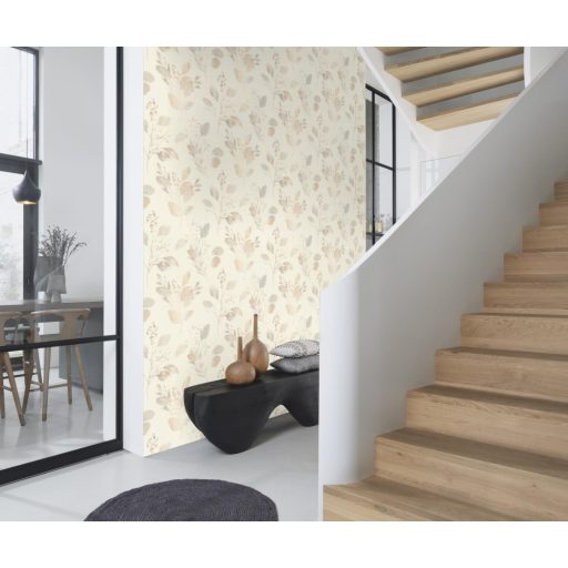 Egyedi darab! Vonzó és esztétikus levélmintázat törtfehér szürke és szórt arany tónus finom csillogású mintarészletek tapéta