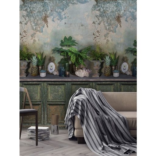 Stílusok keveredése : beton háttér előtt rusztikus komód buja növényekkel zöld kék és szines falpanel/digitális nyomat