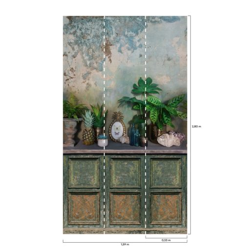 Stílusok keveredése : beton háttér előtt rusztikus komód buja növényekkel zöld kék és szines falpanel/digitális nyomat