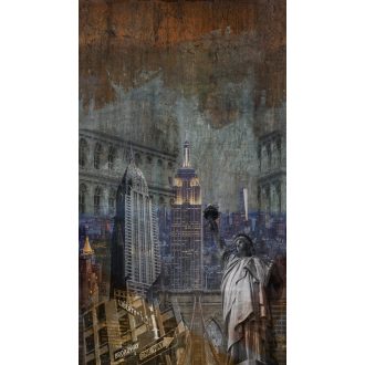   Ikonikus New Yorki látnivalók szines beton háttérre képezve szürke zöld vörösesbarna és szines falpanel/digitális nyomat