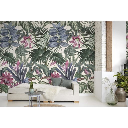 Színpompás trópusi virágok és zöldellő növények krém zöld kék és mályva/lila tónus falpanel/digitális nyomat