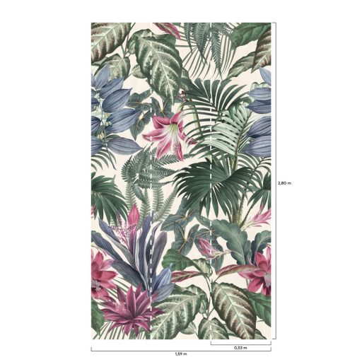 Színpompás trópusi virágok és zöldellő növények krém zöld kék és mályva/lila tónus falpanel/digitális nyomat