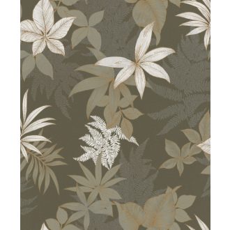  Grandeco Phoenix A48202 Natur levélmintázat sötétzöld fehér csillogó ezüst arany tapéta
