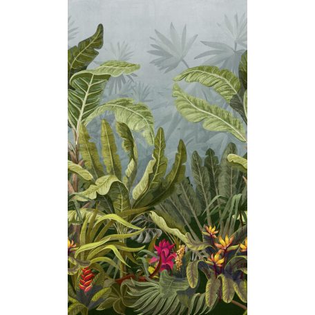 Fantasztikus trópusi motívum szinpompás virágokkal szürkéskék zöld sárga pink/égő lila és szürke falpanel/digitális nyomat