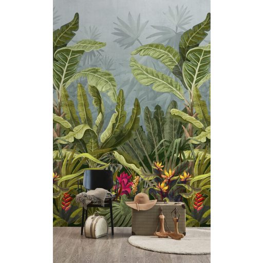 Fantasztikus trópusi motívum szinpompás virágokkal szürkéskék zöld sárga pink/égő lila és szürke falpanel/digitális nyomat