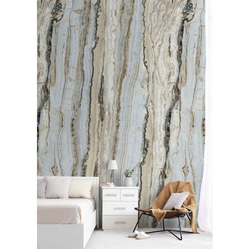 Plasztikus szinte "folyékony" függőleges mintairányú márvány motívum bézs barna kék szürke és fekete falpanel/digitális nyomat