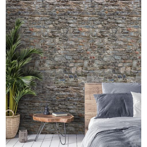 Várfalra emlékeztető masszív kő/tégla motívum kék szürkéskék téglavörös szürke és barna tónus falpanel/digitális nyomat