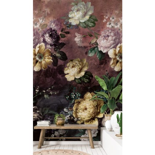 Művészi virágos csendélet a botanikai szépség forrása barnáslila sárga fekete szines falpanel/digitális nyomat