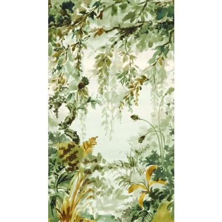 A naív festői ábrázolás csúcsa - Virágos dzsungel törtfehér krém zöld sárga és fekete tónus falpanel/digitális nyomat