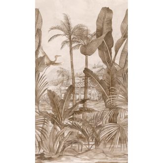   Trópusi életkép kis faluval pálmákkal levelekkel bézs és barna tónus falpanel/digitális nyomat