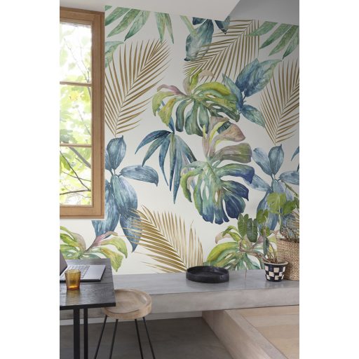 Színes és változatos pálmalevelek könnyed kompozíciója fehér smaragdzöld türkiz kék zöld és aranybarna tónus falpanel