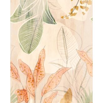   Bájos naív megjelenésű játékos és színes levelek kompozíció bézs korallpiros zöld kék napsárga és türkiz tónus falpanel