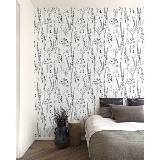 Változatos réti füvek és virágok momokróm megjelenítése fehér és fekete tónus tapéta