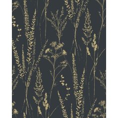   Változatos réti füvek és virágok fekete alapon bézsarany/arany tónus tapéta