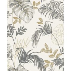   Lenyűgöző trópusi levelek elegáns mintája fehér szürke és sárga tónus tapéta