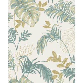   Lenyűgöző trópusi levelek elegáns mintája fehér zöld és sárga tónus tapéta