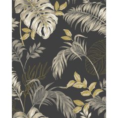   Lenyűgöző trópusi levelek elegáns mintája fekete szürke sárga és fehér tónus tapéta