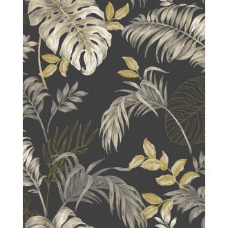   Lenyűgöző trópusi levelek elegáns mintája fekete szürke sárga és fehér tónus tapéta