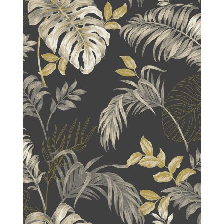 Lenyűgöző trópusi levelek elegáns mintája fekete szürke sárga és fehér tónus tapéta
