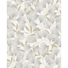   Harmonikus elrendezésű gingko levélminta fehér ezüstszürke és bézs tónus fémes hatás tapéta