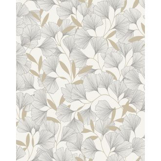   Harmonikus elrendezésű gingko levélminta fehér ezüstszürke és bézs tónus fémes hatás tapéta